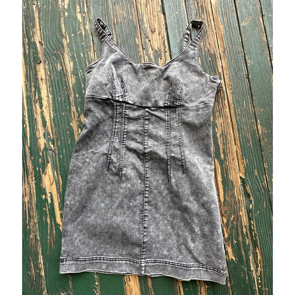 Acid Wash Denim Mini Dress Grey Sleeveless Sweetheart Neck Seamed Bodycon A4070